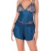 Luna Lora Petrol Mavisi Saten Babydoll Şort Takımı Zarif Kadın Gece Giyim
