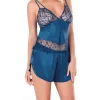 Luna Lora Petrol Mavisi Saten Babydoll Şort Takımı Zarif Kadın Gece Giyim