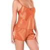 Luna Lora Oranj Saten Babydoll Şort Takımı Zarif Kadın Gece Giyim