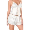 Luna Lora Ekru Saten Babydoll Şort Takımı Zarif Kadın Gece Giyim