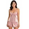 Luna Lora Koyu Pudra Saten Babydoll Şort Takımı Zarif Kadın Gece Giyim