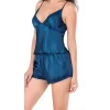 Luna Lora Petrol Mavi Saten Babydoll Şort Takımı Zarif Kadın Gece Giyim