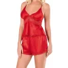 Luna Lora Kırmızı Saten Babydoll Şort Takımı Zarif Kadın Gece Giyim