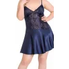 Luna Lora Büyük Beden Lacivert Saten Mini Gecelik Zarif Kadın Gece Elbisesi