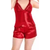 Luna Lora Büyük Beden Kırmızı Saten Babydoll Şort Takımı Zarif Kadın Gece Giyim