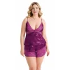 Luna Lora Büyük Beden Mor Saten Babydoll Şort Takımı Zarif Kadın Gece Giyim
