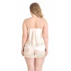 Luna Lora Büyük Beden Fildişi Saten Babydoll Şort Takımı Zarif Kadın Gece Giyim