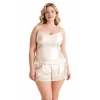Luna Lora Büyük Beden Fildişi Saten Babydoll Şort Takımı Zarif Kadın Gece Giyim