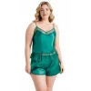 Luna Lora Büyük Beden Zümrüt Saten Babydoll Şort Takımı Zarif Kadın Gece Giyim