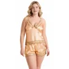 Luna Lora Büyük Beden Gold Saten Babydoll Şort Takımı Zarif Kadın Gece Giyim