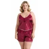Luna Lora Büyük Beden Bordo Saten Babydoll Şort Takımı Zarif Kadın Gece Giyim