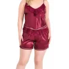 Luna Lora Büyük Beden Bordo Saten Babydoll Şort Takımı Zarif Kadın Gece Giyim