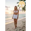 Beyaz Şortlu Bağlamalı Bikini Takımı Üçgen Kesim Ayarlanabilir Esnek Kumaş Kadın Mayo Seti