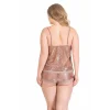 Luna Lora Büyük Beden Vizon Jakarlı Babydoll Şort Takımı Saten Babydoll Şort Takımı Zarif Kadın Gece Giyim