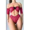 Kadın Fiyonk Detaylı Kırmızı Dantel Sütyen Külot Takımı Seksi Şık İç Giyim Seti