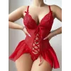Kadın Kırmızı Dantel İşlemeli Ön Dekolte Detaylı Zarif Fantezi Babydoll Özel Tasarım