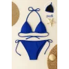 Mavi Üçgen Bikini Takımı Yandan ve Boyundan Bağlamalı Esnek Kumaş Kadın Mayo Seti