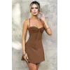 Kadın Kahverengi Premium İnce Askılı Mini Saten Gece Geceliği