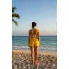 Sarı Şortlu Bağlamalı Bikini Takımı Üçgen Kesim Ayarlanabilir Esnek Kumaş Kadın Mayo Seti