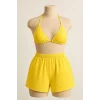 Sarı Şortlu Bağlamalı Bikini Takımı Üçgen Kesim Ayarlanabilir Esnek Kumaş Kadın Mayo Seti