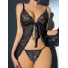 Siyah Dantel İşlemeli Önden Bağlamalı Fantezi Tül Gecelik Özel Tasarım