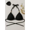 Siyah Pedli Üçgen Bikini Üstü Halter Bağlamalı Aksesuarlı Esnek Kumaş Kadın Mayo Üstü