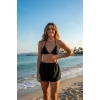 Siyah Şortlu Bağlamalı Bikini Takımı Üçgen Kesim Ayarlanabilir Esnek Kumaş Kadın Mayo Seti