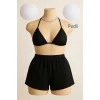 Siyah Şortlu Bağlamalı Bikini Takımı Üçgen Kesim Ayarlanabilir Esnek Kumaş Kadın Mayo Seti