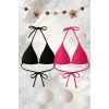Siyah ve Fuşya Detaylı Üçgen Bikini Üstü Bağlamalı Kadın Mayo Üstü 2li
