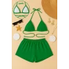 Yeşil Şortlu Üçgen Bikini Takımı Bağlamalı Esnek Kumaş Rahat Kadın Mayo Seti