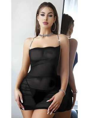 Luna Lora Black Chain Back Sırt Zincir Detaylı Fantezi Şık Tül Gecelik