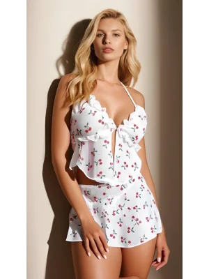 Luna Lora Cherry Chic Beyaz Üstüne Kiraz Desenli Etekli Büstiyerli Şık Fantezi Takım