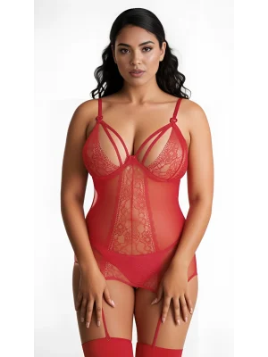 Luna Lora Plus Red Lace Büyük Beden Kırmızı Dantel İşlemeli Göğüs Dekolteli Fantezi Jartiyer Takımı