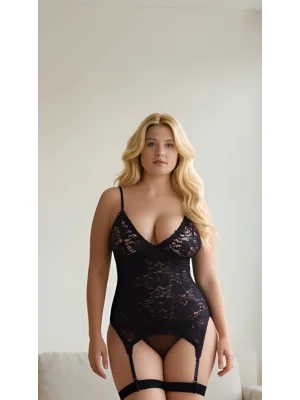 Luna Lora Plus Black Lace Büyük Beden Siyah Dantel İşlemeli Fantezi Jartiyer Takımı