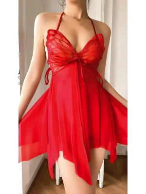 Luna Lora Crimson Butterfly Göğüs Kelebek Detaylı Fantezi Tül Kırmızı Gecelik