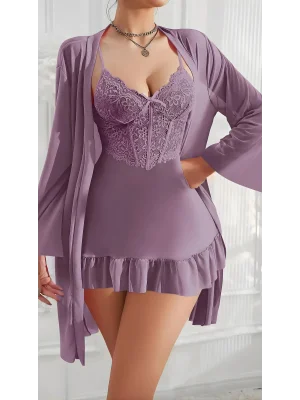 Luna Lora Amethyst Ruffle Özel Tasarım Dantel İşlemeli Fırfırlı Sabahlıklı 2’li Mor Gecelik Takımı