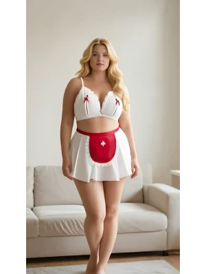 Luna Lora Plus Ribbon Care Büyük Beden Kurdelalı Göğüs Dekolteli Fantezi Hemşire Kostümü