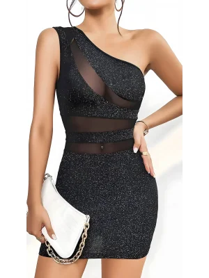 Luna Lora Black Starlight Özel Tasarım Tek Omuz Dekolteli Işıltılı Fantezi Mini Club Elbisesi