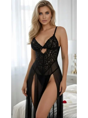 Luna Lora Black Lace Slit Dantel İşlemeli Yırtmaçlı Fantezi Siyah Tül Gecelik