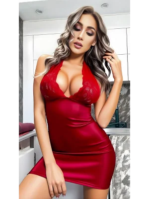 Luna Lora Burgundy Lace Halter Dantel İşlemeli Boyundan Bağlamalı Fantezi Bordo Deri Gecelik