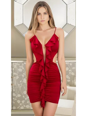 Luna Lora Red Ruffle Desire Dekolteli Fırfırlı Kırmızı Mini Elbise