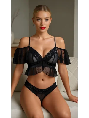 Luna Lora Black Polka Lace Desire Dantel İşlemeli Dekolteli Siyah Puantiyeli Sütyen Külot Takımı