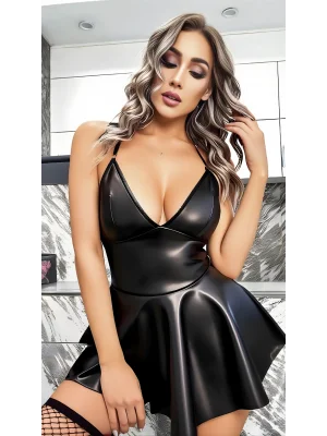 Luna Lora Siyah Parlak Deri Elbise Ayarlanabilir İnce Askılı Kadın Elbise