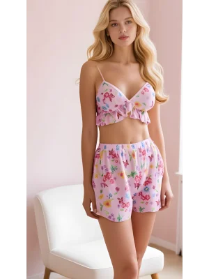 Luna Lora Pembe Desenli Tül Şortlu Sütyen Takımı Fantezi Kadın İç Giyim
