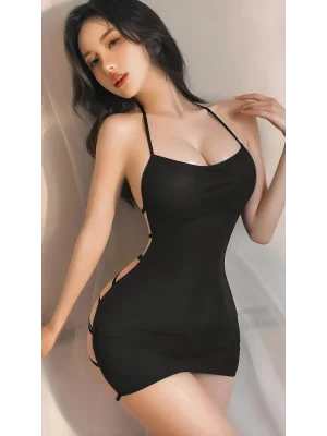 Luna Lora Siyah Transparan Dekolteli İp Detaylı Seksi Fantezi Kadın Gecelik