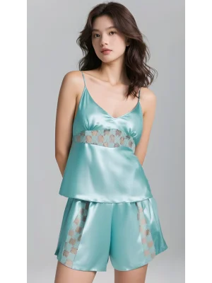 Luna Lora Aqua Saten Babydoll Şort Takımı Zarif Kadın Gece Giyim