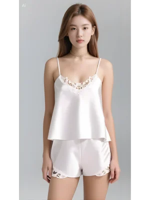 Luna Lora Beyaz Saten Babydoll Şort Takımı Zarif Kadın Gece Giyim