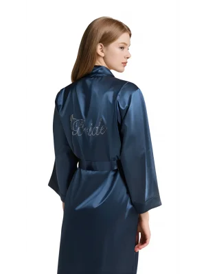 Luna Lora Lacivert Saten Bride Sabahlık Zarif Kadın Ev Giyim