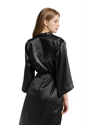 Luna Lora Siyah Saten Bride Sabahlık Zarif Kadın Ev Giyim