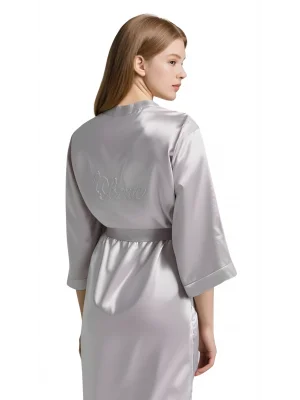 Luna Lora Gri Saten Bride Sabahlık Zarif Kadın Ev Giyim